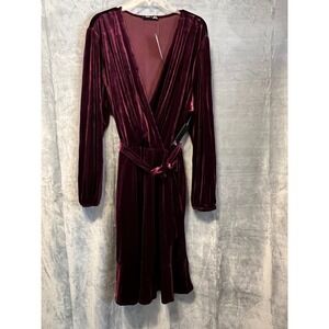 Dex 3X Burgundy Velvet Wrap Dress Long Sleeve Belted Knee Length Party Dress NET